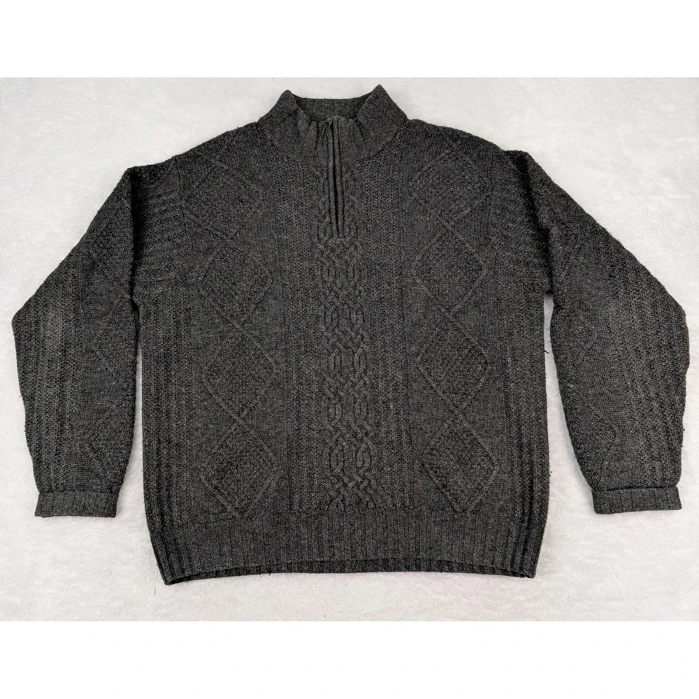 Jos A‎ Bank Sweater Men's M Gray 1/4 Zip Cable Fisherman Knit Lamb's Wool Blend